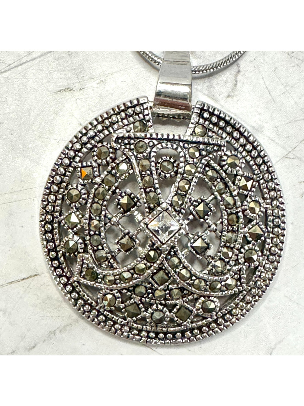 Art Deco Medallion Necklace Marcasite Filigree Silver Plated 16" Chain Unsigned